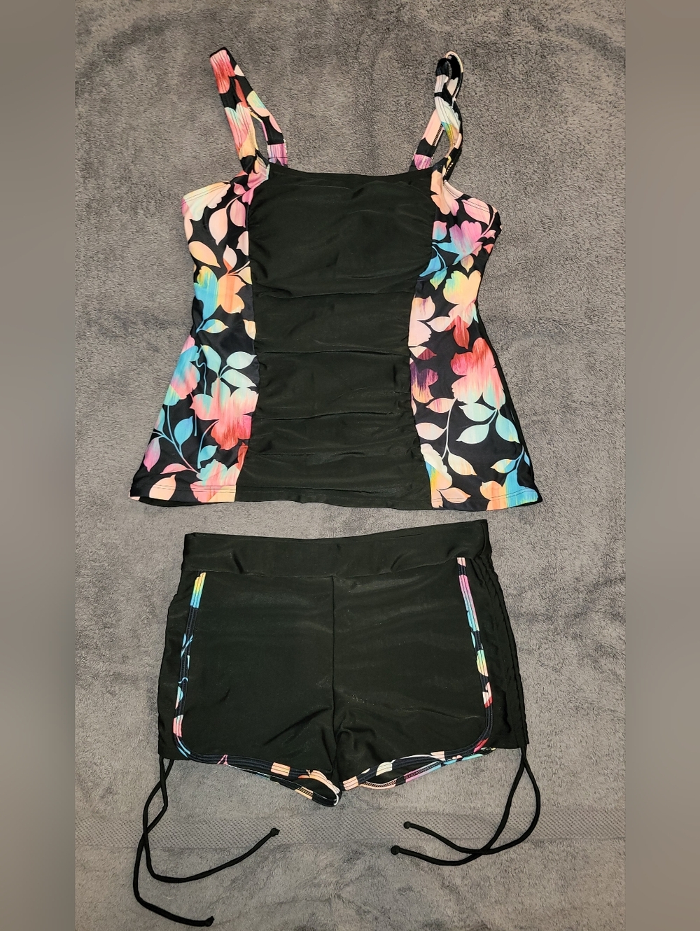 Black Floral-Panel Tankini Top & Swim Shorts